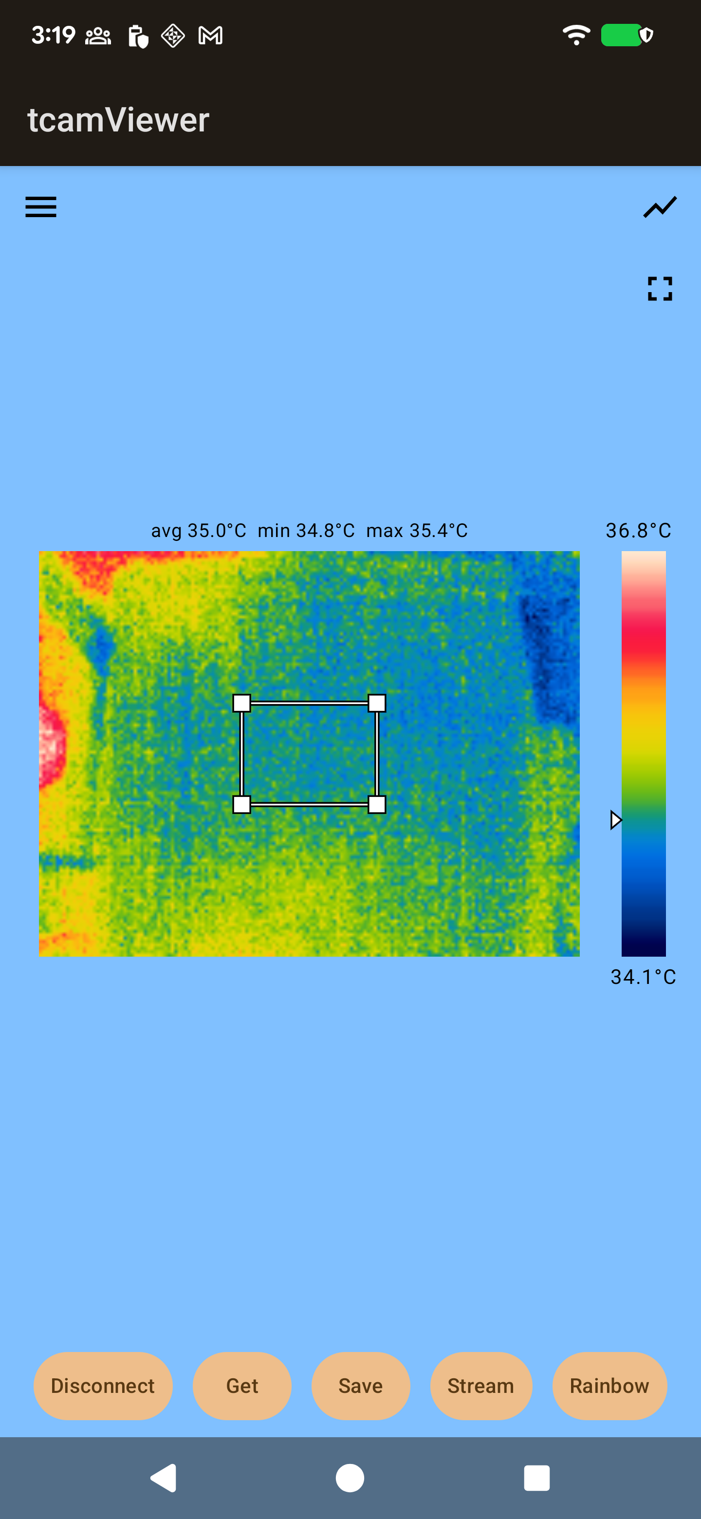 Region measurement: a resizable box overlaid on the thermal image showing average, minimum, and maximum temperature