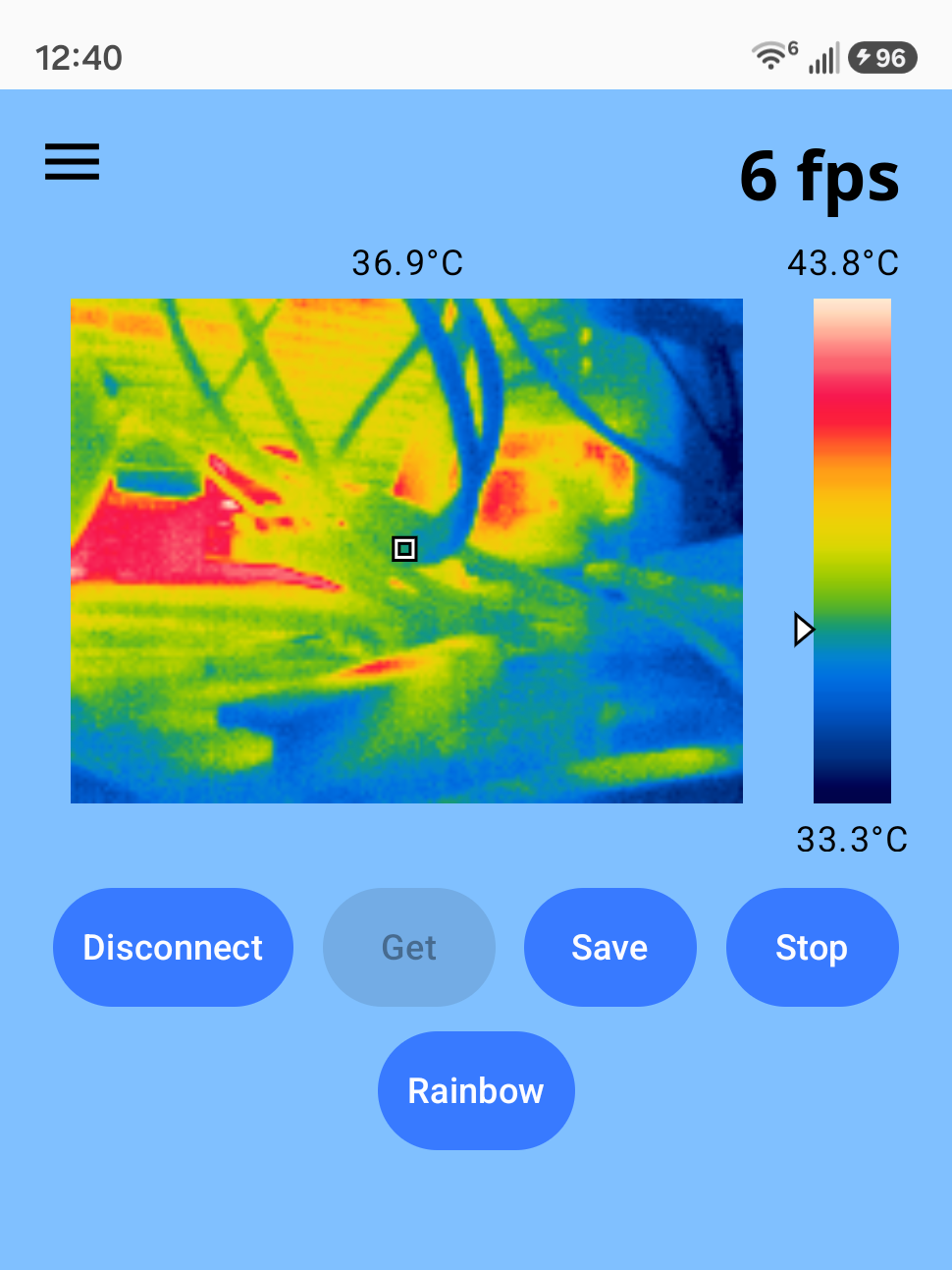 Camera screen live-streaming thermal video, showing a frame-rate counter and a Stop button
