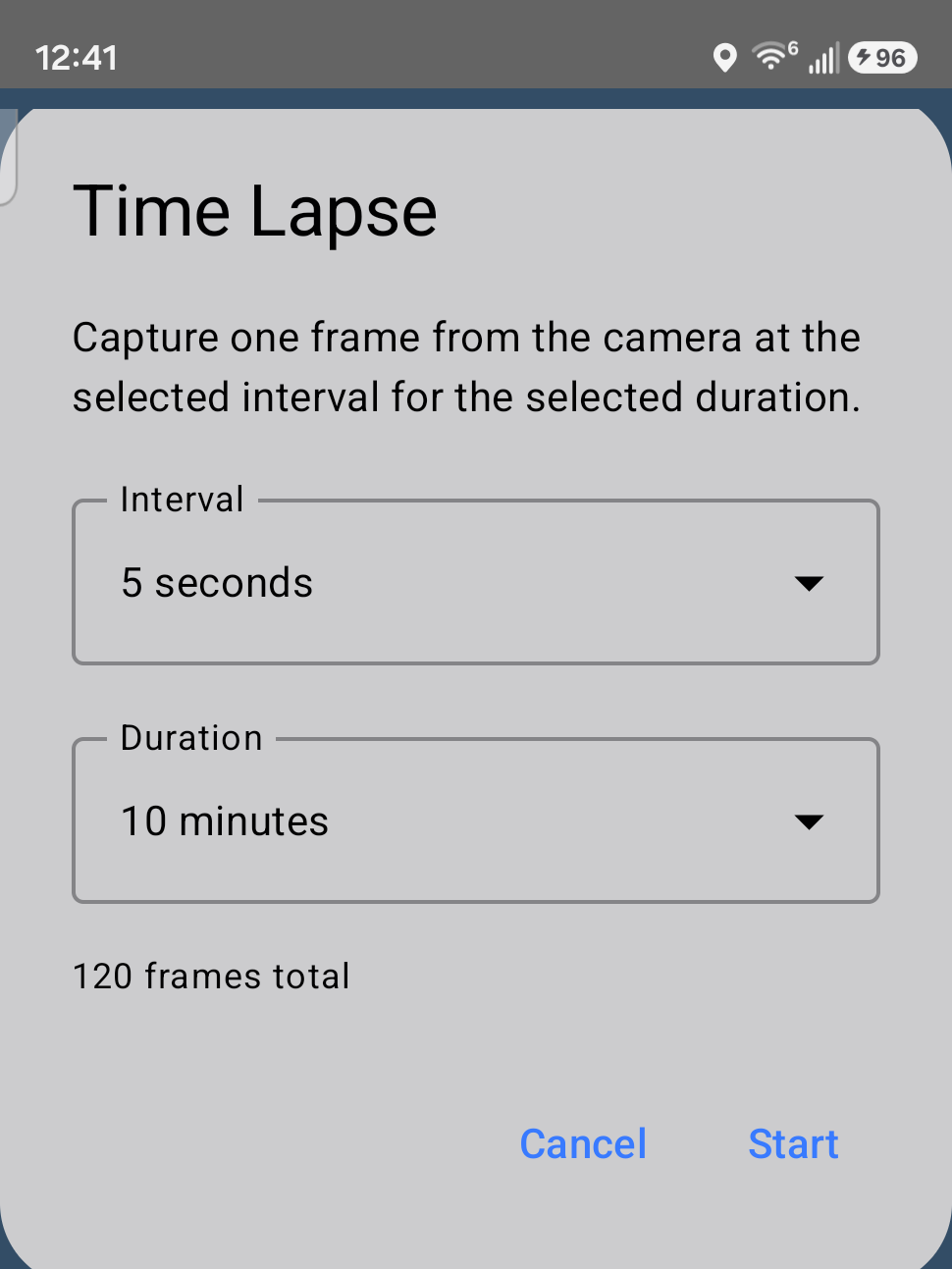 Time Lapse dialog with interval and duration dropdowns, showing 120 frames total and Start button