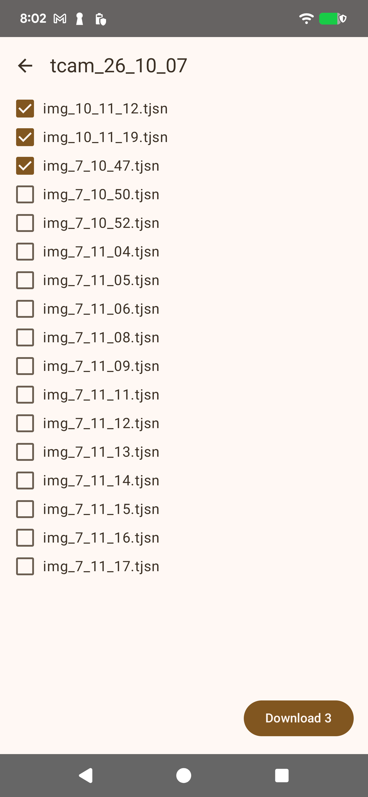 Download from camera window listing files on the tCam's SD card, with three selected and a Download button