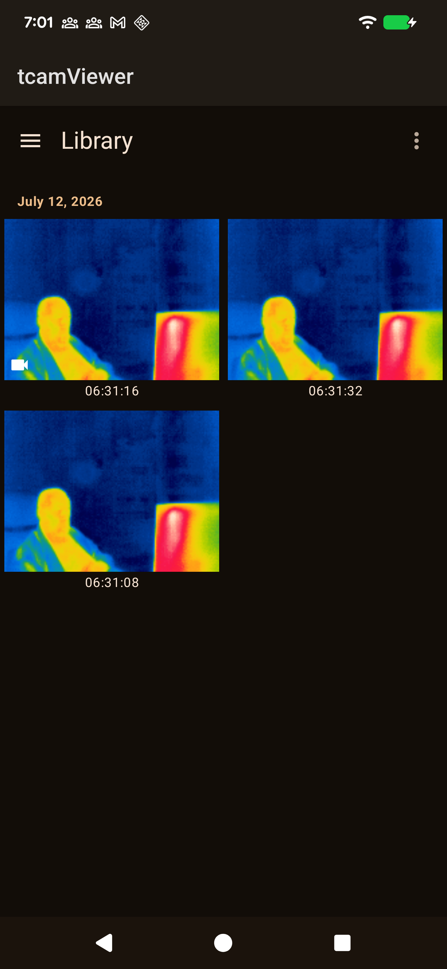 Library screen listing saved thermal images and recordings, grouped by date