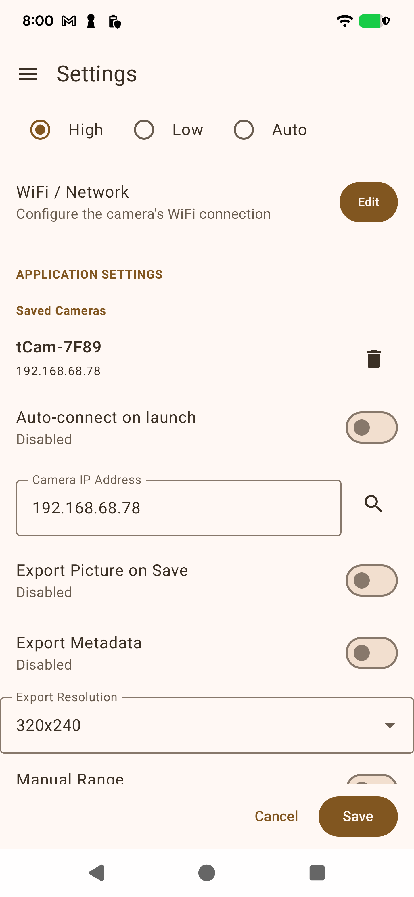 Settings screen showing the Saved Cameras list and the Auto-connect on launch toggle