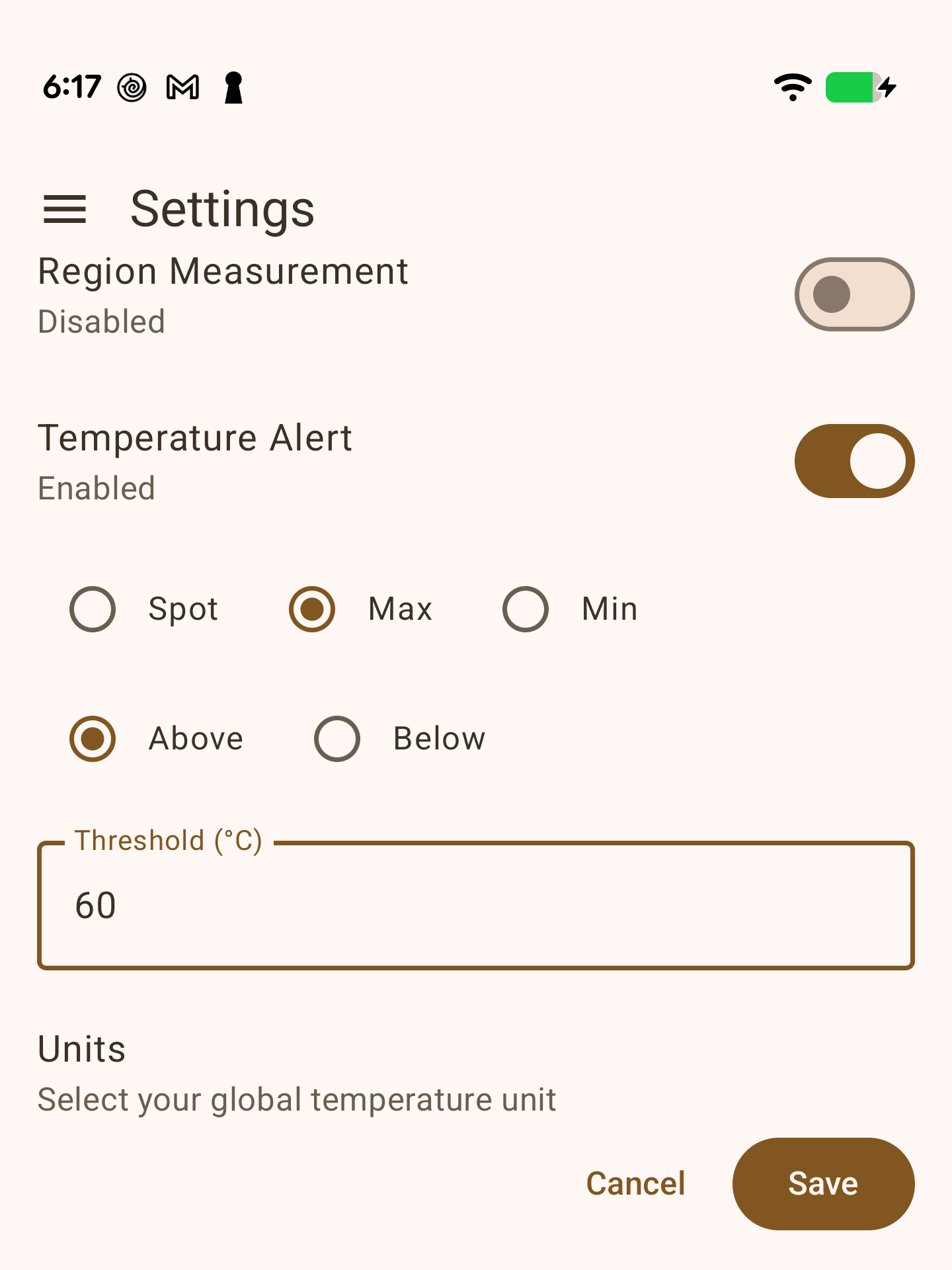 Settings screen showing Temperature Alert enabled, watching Max above a 60 degree threshold